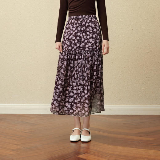 【严选】诗凡黎复古色系碎花半身裙2025秋新款木耳边飘逸显瘦淑女风中长裙7G8140611 商品图3