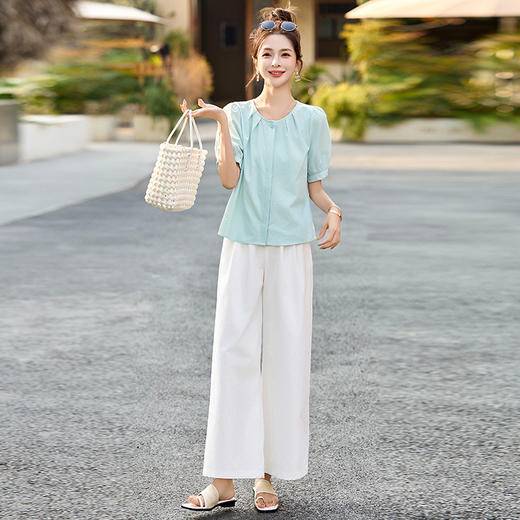 法式清新显瘦百搭圆领泡泡袖衬衫，高腰八分阔腿裤两件套HR-MUZL8027 商品图1
