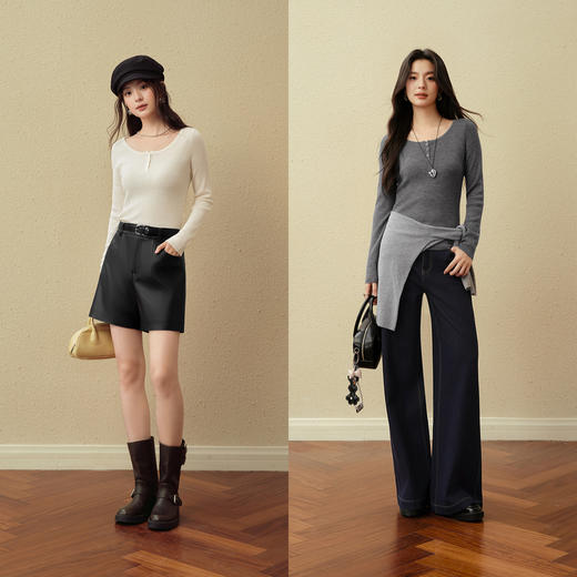 【严选】诗凡黎全羊毛坑条圆领针织衫2025秋新款显瘦修身百搭长袖内搭毛衣7G8432731 商品图1