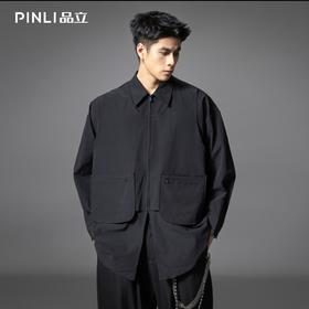 PINLI品立2025秋季新款男暗黑风长袖衬衫大口袋装饰宽松休闲衬衣B253113004