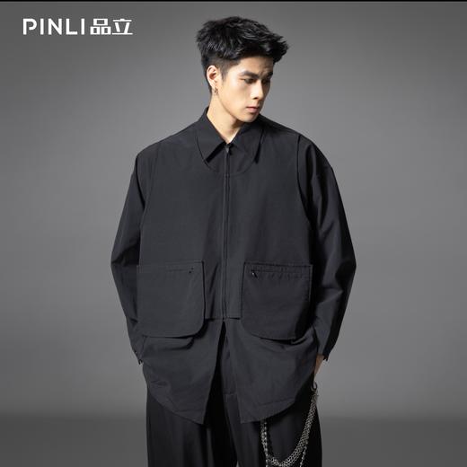 PINLI品立2025秋季新款男暗黑风长袖衬衫大口袋装饰宽松休闲衬衣B253113004 商品图0
