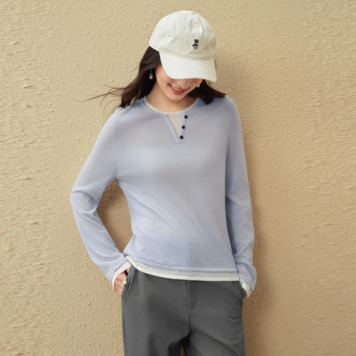 【严选】诗凡黎绵羊毛假两件拼色针织衫2025秋新款柔软舒适打底长袖上衣女7G8331041 商品图3