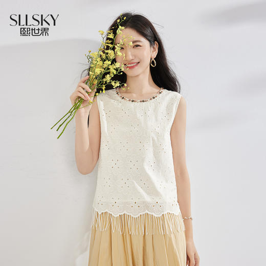 【08/12新品】熙世界法式度假风刺绣无袖背心女2025夏季新款设计感圆领流苏上衣 商品图0