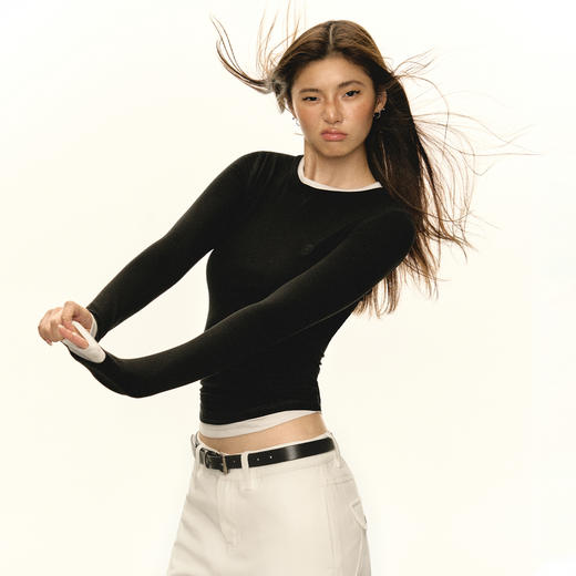 Ariseism 美式撞色假两件正肩长袖t恤女秋季新款上衣内搭打底衫 商品图3