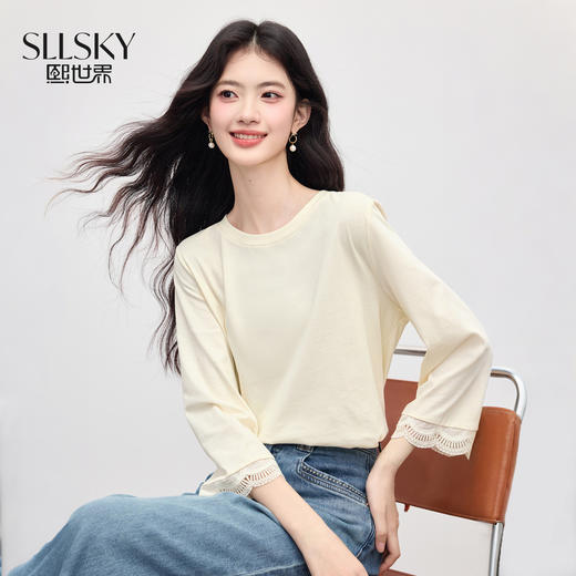 【08/12新品】熙世界镂空花边七分袖T恤女2025年早秋新款圆领独特别致全棉上衣 商品图0