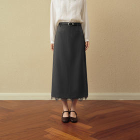 【严选】诗凡黎H型蕾丝拼接开叉半身裙2025秋新款简约通勤修身显瘦包臀裙7G8340991