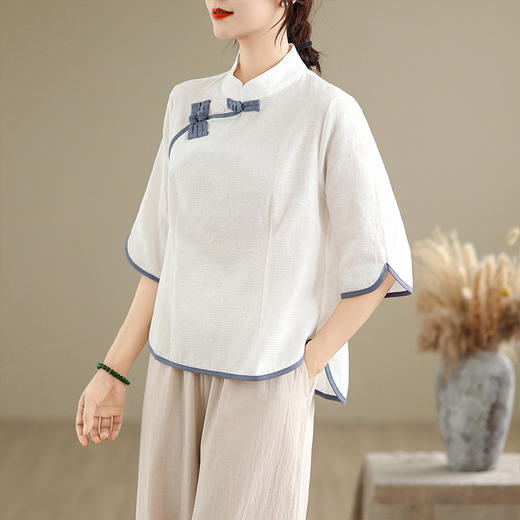 A5582 2025夏季新款复古中国风改良棉麻禅意茶服七分袖上衣套装女 商品图3