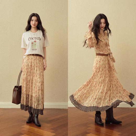 【严选】诗凡黎度假风阳光黄小碎花半身裙2025秋新款浪漫甜美压皱A字塔裙7G8340801 商品图1