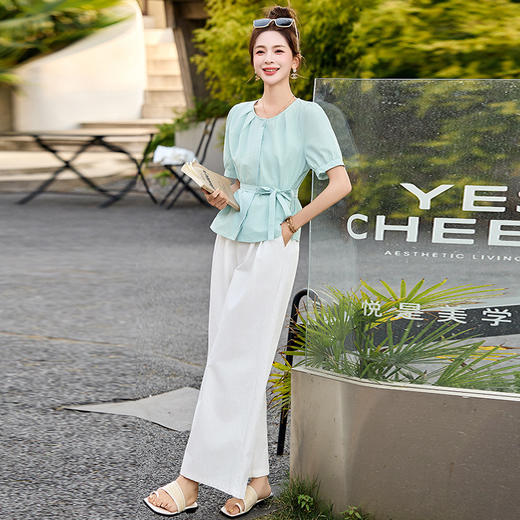 法式清新显瘦百搭圆领泡泡袖衬衫，高腰八分阔腿裤两件套HR-MUZL8027 商品图0