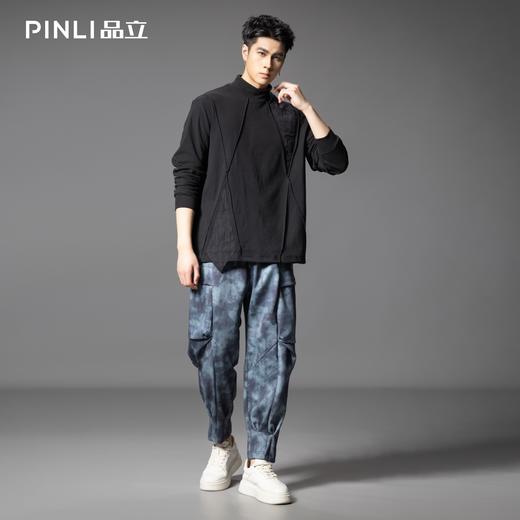 PINLI品立春季新款半高领宽松长袖T恤男潮牌分割设计休闲上衣B253111022 商品图1