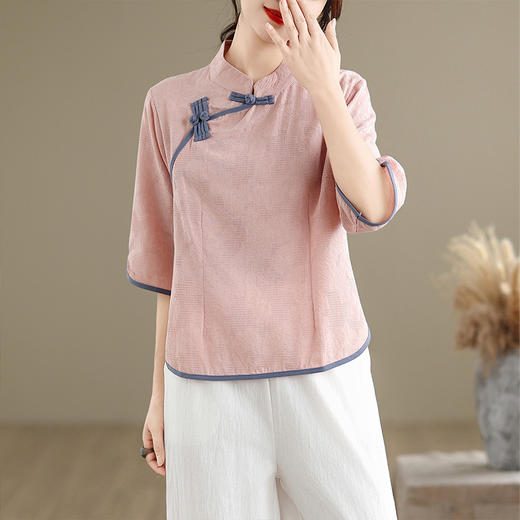 A5582 2025夏季新款复古中国风改良棉麻禅意茶服七分袖上衣套装女 商品图2