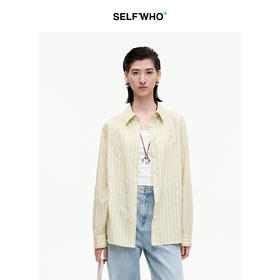 SELFWHO笑脸衣橱天丝棉混纺黄色条纹衬衫女2025秋季新款翻领上衣