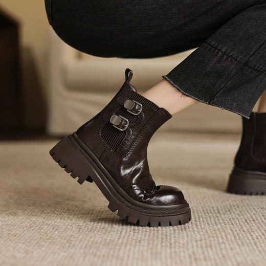 阿么手工女鞋牛皮厚底烟筒靴2025新款皮带扣复古风切尔西短靴5CM 商品图4