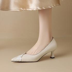 【预售5天】真皮灰色尖头高跟鞋细跟浅口小跟单鞋女气质名媛配裙子皮鞋YS&0188