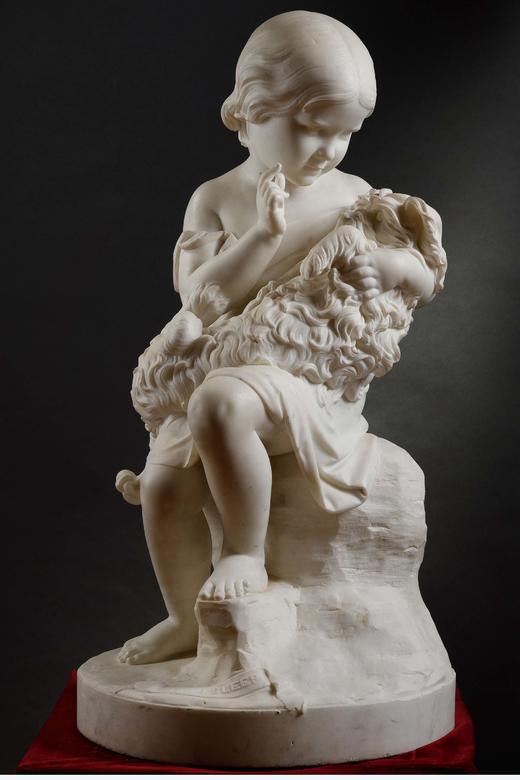 独角鹿西洋古董1860年代英国雕塑家Joseph Durham签名创作儿童主题卡拉拉大理石雕塑作品《安睡》 商品图0