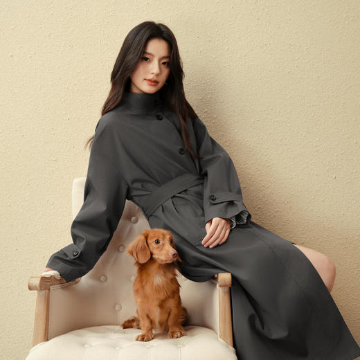 【严选】诗凡黎英伦风灰色立领系带风衣2025秋新款长款酷飒宽松通勤外套女7G7160271 商品图4