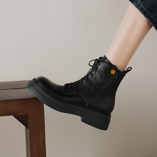 阿么手工女鞋厚底4.5CM真皮系带马丁靴秋冬休闲百搭英伦风短靴女 商品图1