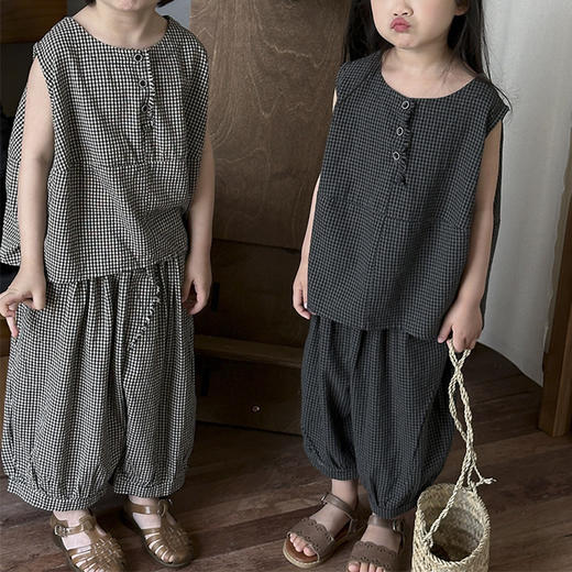 裁缝学苑TQ172儿童森系格子半开无袖背心纸样休闲灯笼裤套装裁剪图 商品图1