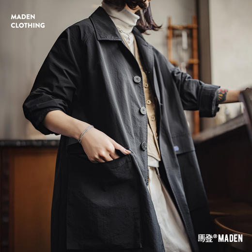 马登黑色翻领宽松中长薄款大衣高个子休闲工装风衣外套女士早秋季 商品图0