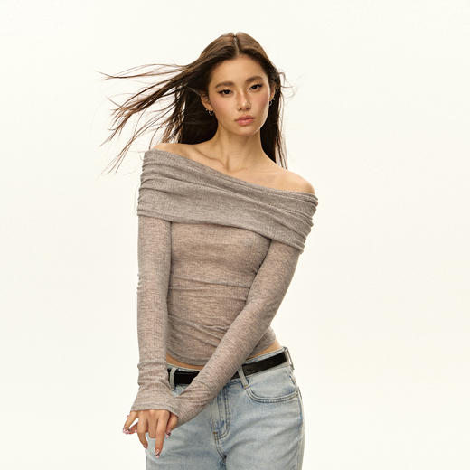 Ariseism 美式复古一字肩针织长袖上衣女2025秋季新款内搭打底衫 商品图4