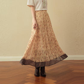 【严选】诗凡黎度假风阳光黄小碎花半身裙2025秋新款浪漫甜美压皱A字塔裙7G8340801