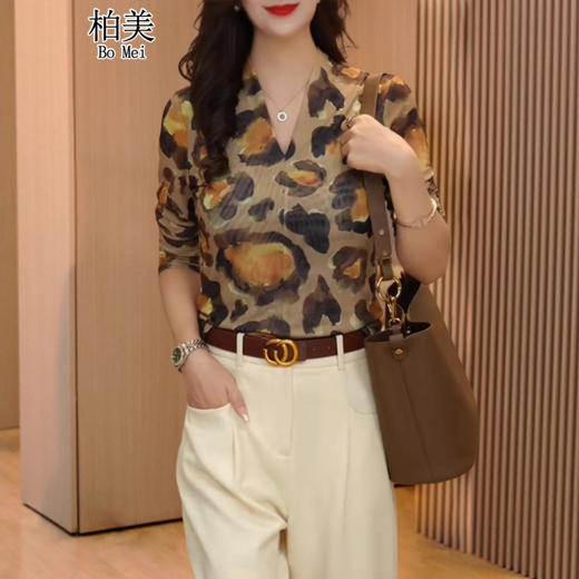 春季高端网纱时尚洋气显瘦豹纹V领打底衫女2025新款设计感修身T恤 商品图0