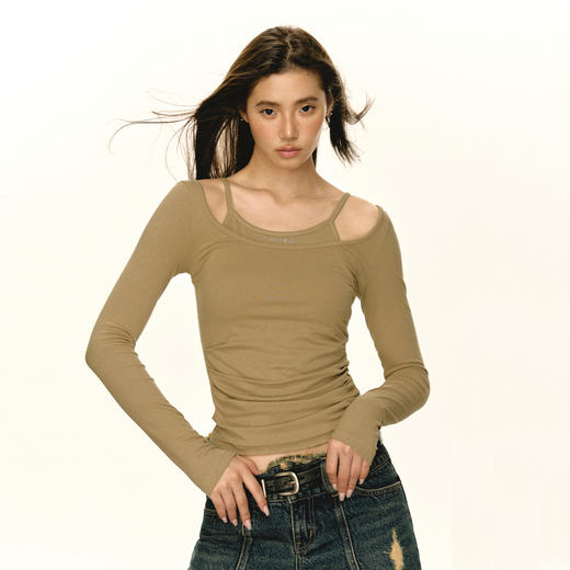 Ariseism 美式复古假两件长袖T恤女2025秋季新款美拉德上衣打底衫 商品图1