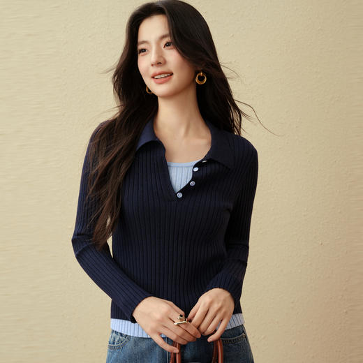 【严选】诗凡黎假两件撞色Polo坑条针织衫2025秋新款时尚百搭显瘦修身上衣7G8131031 商品图3