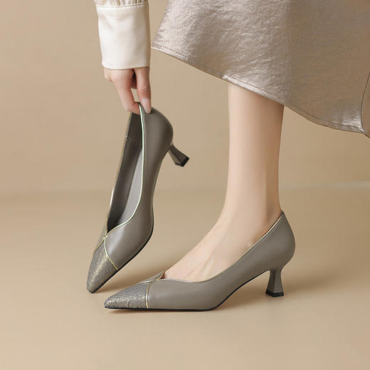 【预售5天】真皮灰色尖头高跟鞋细跟浅口小跟单鞋女气质名媛配裙子皮鞋YS&0188 商品图1
