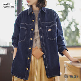 马登美式复古翻领丹宁牛仔衬衣夹克宽松长袖衬衫外套上衣女士秋季