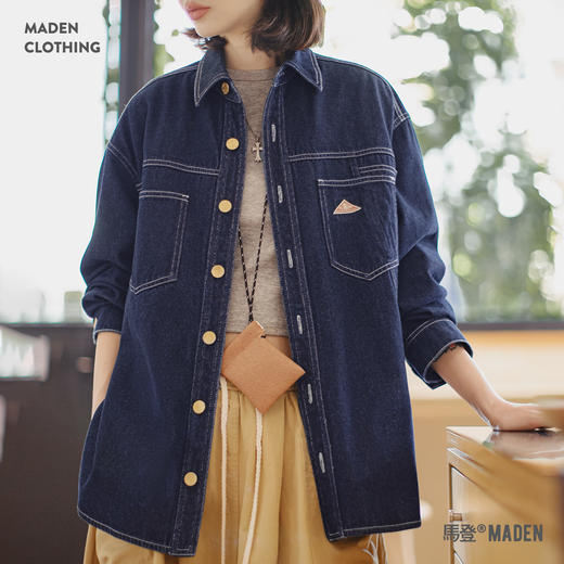 马登美式复古翻领丹宁牛仔衬衣夹克宽松长袖衬衫外套上衣女士秋季 商品图0