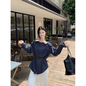 【复古蓝色条纹中长款衬衫】早秋设计感宽松一字肩 细皮带长袖衬衫