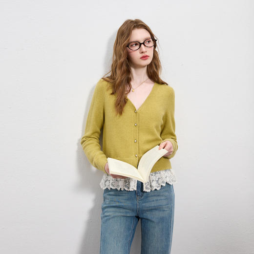 三彩2025秋季新款蕾丝花边开衫针织衫V领毛衫休闲上衣简约M 商品图1