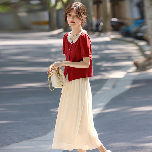 【周四狂欢价】熙世界法式短袖花边领t恤雪纺半身裙两件套女2025夏装搭配一整套 商品图3