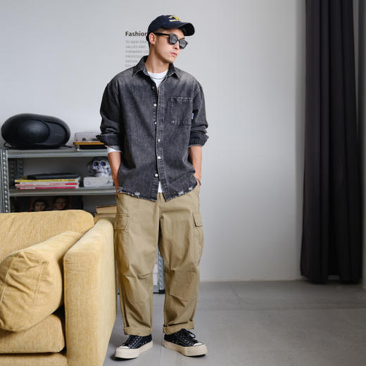 徐太浪400g做旧刮烂水洗牛仔长袖衬衫男2025新款春秋痞帅通勤衬衣 商品图3