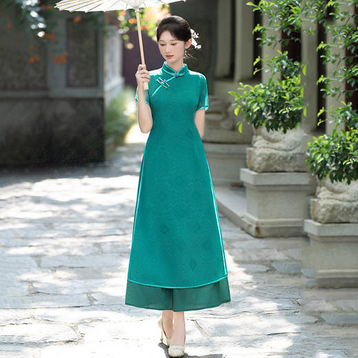 SC21819 2025春夏新款剪花奥黛复古长旗袍文艺风改良新中式优雅女修身国风 商品图0