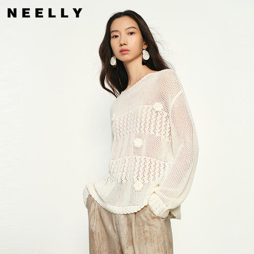 NEELLY纳俪商场同款秋季新款设计感随性休闲镂空长袖针织衫女毛衣N25084A04598 商品图0