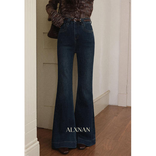 鹿向南「海浪轻吟」深蓝色复古高腰牛仔裤女早秋装新款修身微喇裤 商品图3