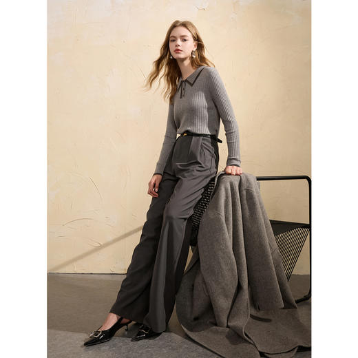 三彩2025冬季新款坑条针织衫POLO领毛衫修身显瘦内搭简约女 商品图3