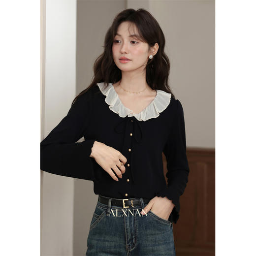 鹿向南「迷雾松可」黑色长袖针织衫女早秋新款设计感小众好看上衣 商品图0