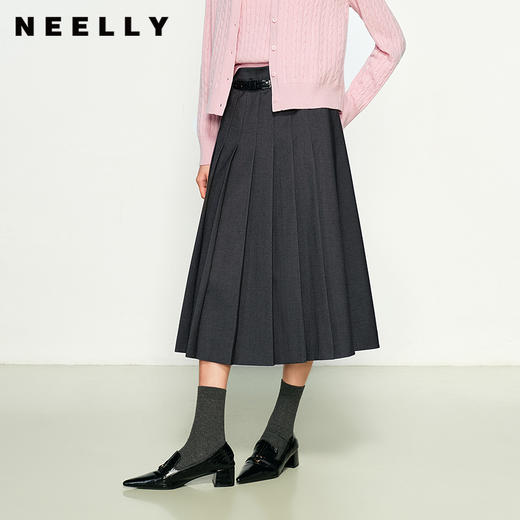 NEELLY纳俪商场同款秋新款经典时尚百褶裙女高腰垂感中长款半身裙N25084E04605 商品图0