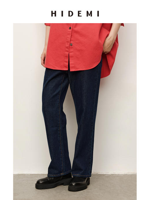 HIDEMI 经典牛仔系列深藏蓝牛仔蓝复古中腰直筒铅笔牛仔裤 商品图0