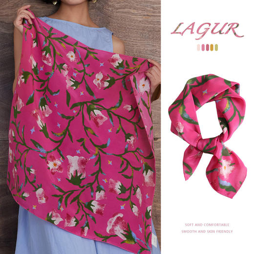 2025-原创风铃花桑蚕丝方巾「玫红色牵牛花」原创手工精卷100%桑蚕丝丝巾方巾真丝高级感秋女 商品图0