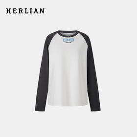 HERLIAN2025年秋季新品女士领口蝴蝶结印花撞色插肩袖T恤衫