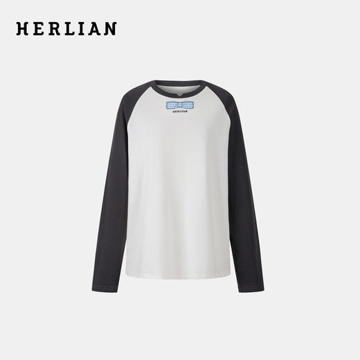 HERLIAN2025年秋季新品女士领口蝴蝶结印花撞色插肩袖T恤衫 商品图0