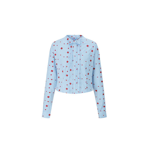 HERLIAN2025年秋季新品女士可拆卸蝴蝶结设计花朵刺绣格纹衬衫 商品图4