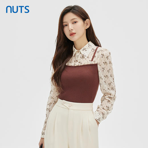 NUTS商场同款春秋季设计感小众碎花针织拼接长袖套头衫女331012188 商品图3
