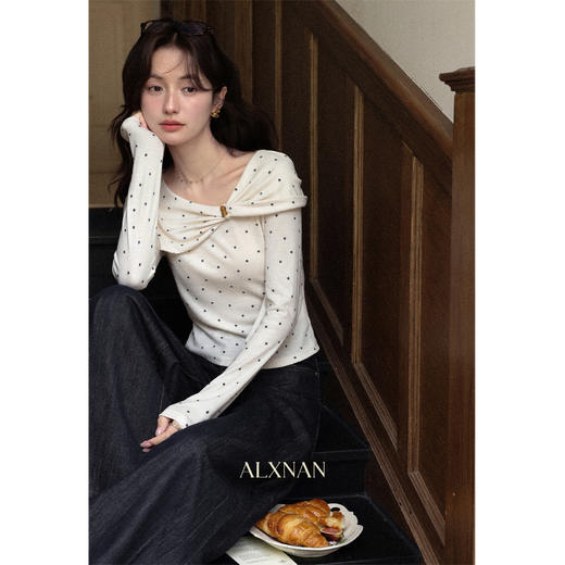 鹿向南「南枝杏调」温柔杏色波点设计感斜肩T恤女秋小众长袖上衣L57026 商品图2