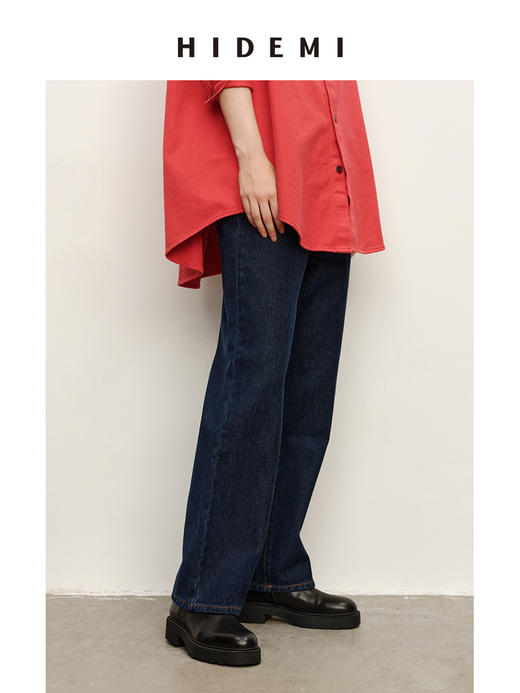 HIDEMI 经典牛仔系列深藏蓝牛仔蓝复古中腰直筒铅笔牛仔裤 商品图2