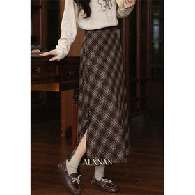 鹿向南「秋日特调」巨好看棕色格纹半身裙女秋新款设计感开叉长裙